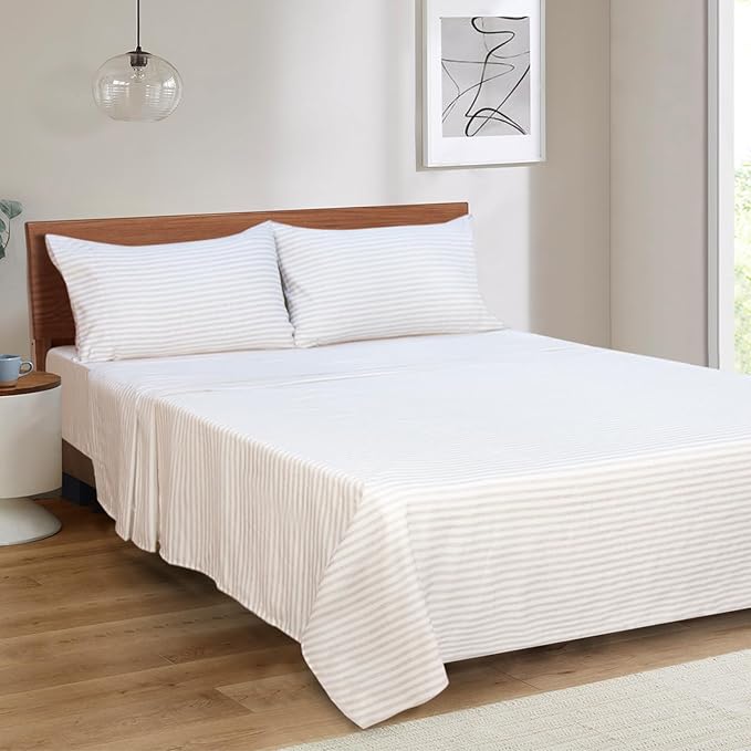 Mejoroom Striped King Size Sheet Set - Soft Microfiber Bed Sheets,Deep Pocket Fitted Sheet, Soft, Breathable, Wrinkle & Fade Resistant - 4 Piece (Beige Stripe)