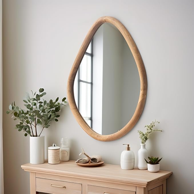 sawsile Irregular Wall Mirror,Nature Wood Asymmetrical 21X26” Modern Vanity Farmhouse Organic Mirror for Bathroom,Bedroom,Living Room,Washroom