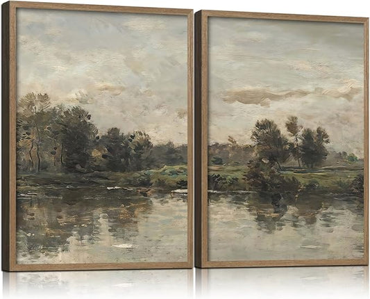 2Pcs Framed Canvas Wall Art Countryside Artwork Prints Landscape Posters Gallery Retro Classic Nature Pictures Home Decor Living Room Bedroom Office Farmhouse 16X24 Inch Ready to Hang