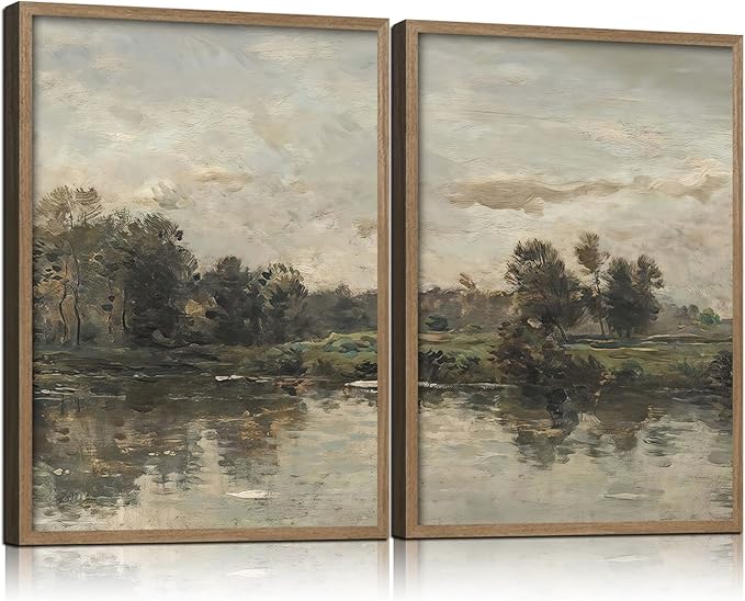 2Pcs Framed Canvas Wall Art Countryside Artwork Prints Landscape Posters Gallery Retro Classic Nature Pictures Home Decor Living Room Bedroom Office Farmhouse 12X16 Inch Ready to Hang