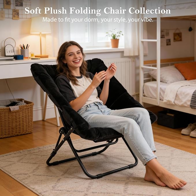 Furlide Saucer Chair, Comfy Bedroom Chairs, Oversized Folding Faux Fur Chair, Foldable Metal Frame Chair for Bedroom, Patio, Study, Playroom (Black)