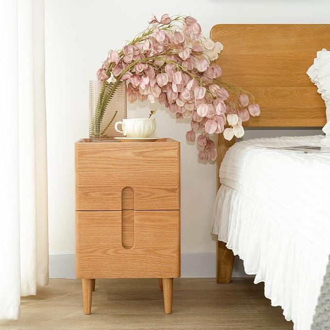 Narrow Nightstand, Mid Century Modern Nightstand, Solid Wood Bedside Table, Side Table witn Drawers (Natural, 11.81inches)