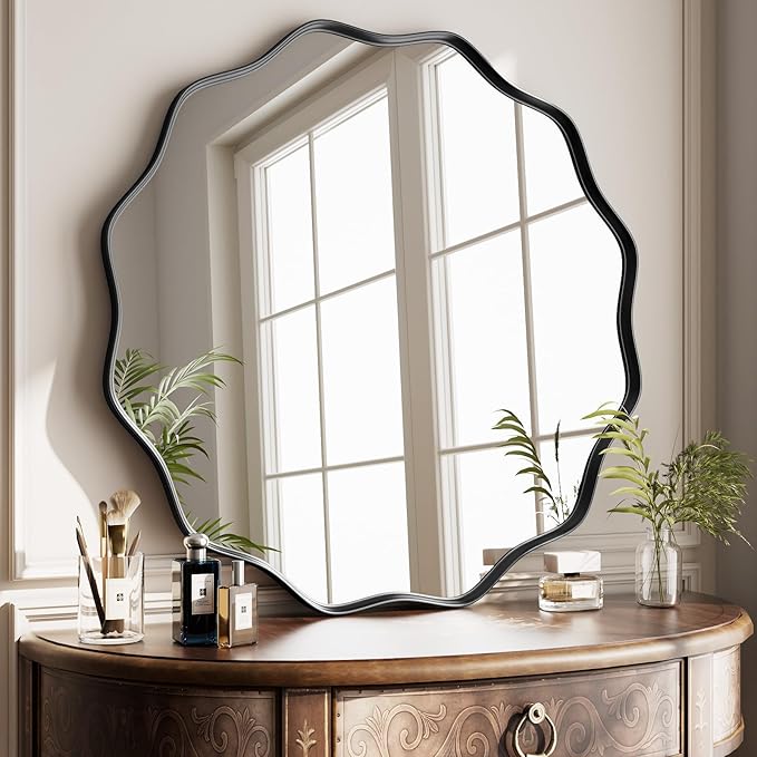 Round Wavy Mirror - 24 Inch Bathroom Vanity Mirror Metal Frame Circle Wall Mounted Mirror for Bedroom Living Room Entryway, Black