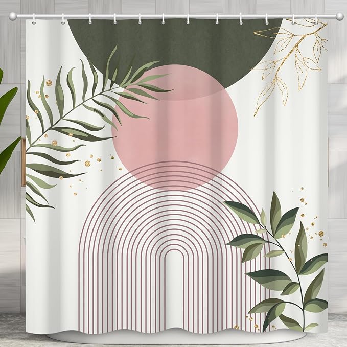 Boho Mid Century Shower Curtain, Pink Modern Minimalist Abstract Geometric Sage Green Gold Plant Leaves Bathroom Curtains Washable Waterproof Fabric Buthtub Curtain Set with Hooks 72" Wx72 L