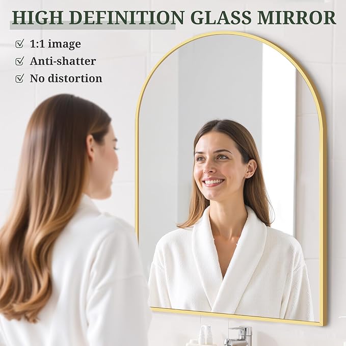 Arched Wall Mirror 38x26 Inch Gold Bathroom Vanity Mirror with Metal Frame, Modern Arch Mirror for Bedroom, Living Room, Entryway, Wall Mounted Decorative Mirror