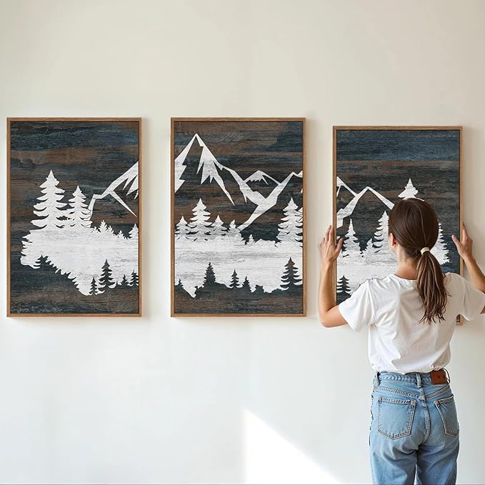 Rantodecor Vintage Mountain Framed Canvas Wall Art, White Snowy Nature Landscape Wall Decor, Rustic Wilderness Forest Art Paintings, Modern Farmhouse Artwork for Bedroom Living Room Office 16"x24"x3