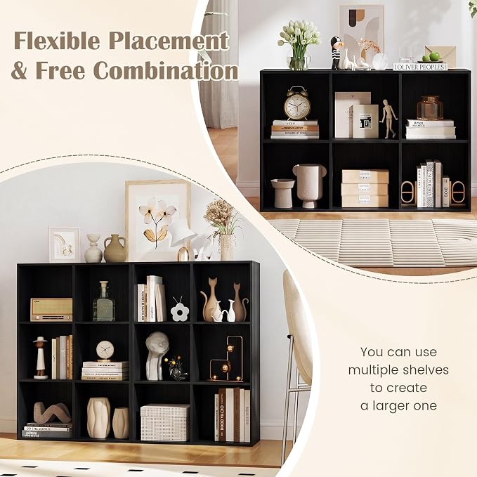 Tangkula 6-Cube Bookcase, Large Floor Standing Horizontal Bookshelf with 6 Open Shelves & 2 Anti-Tipping Kits, Home Office Wooden Storage Book Shelf for Living Room, Study (Black, 6-Cube)