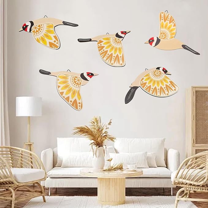 EMINGSKY 5 Pcs Wooden Bird Wall Art Wood Flying Birds Wall Decor Boho Rustic Folk Art Home Decor for Gift Living Room Bedroom Kitchen Office (Yellow)