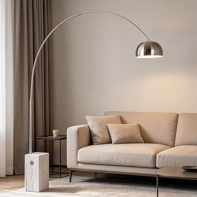 Murmurglow-74.8”Modern Arc Floor Lamp,Industrial Adjustable Silver Floor Lamp with Square Marble Base,3 Color Temperatures Reading Standing Lamps for Living Room, Bedroom,Office