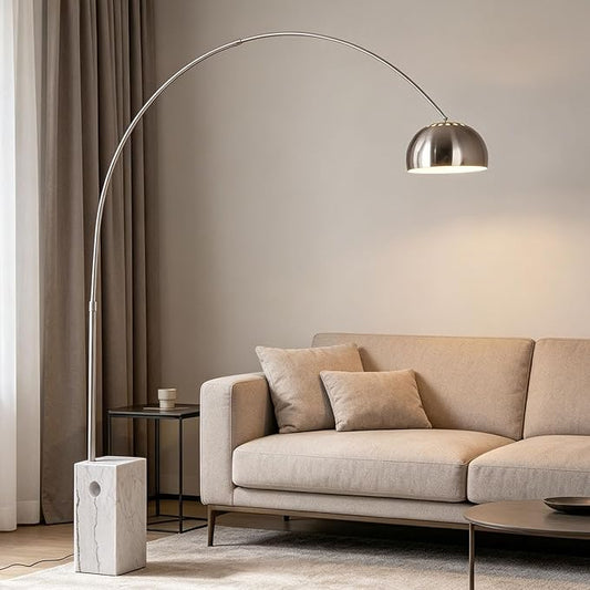Murmurglow-74.8”Modern Arc Floor Lamp,Industrial Adjustable Silver Floor Lamp with Square Marble Base,3 Color Temperatures Reading Standing Lamps for Living Room, Bedroom,Office