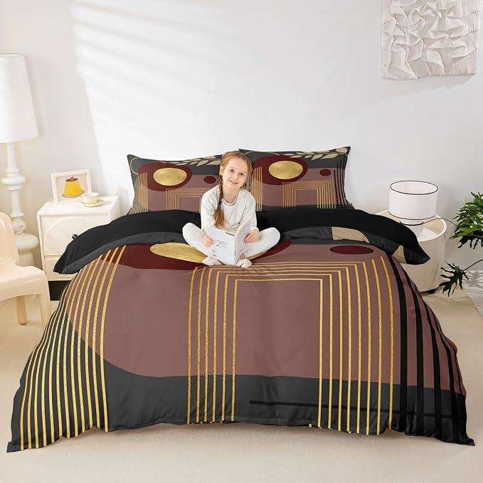 Erosebridal Boho Mid Century Queen Comforter Cover Dark Brown Neutral Modern Duvet Cover Geometric Abstract Bed Set Minimalist Aesthetic Bedding Set