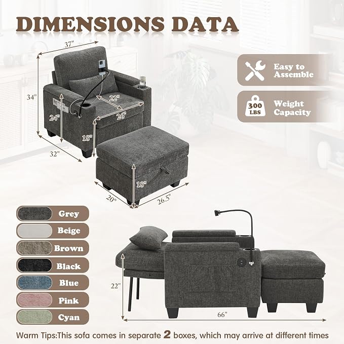 Small Chaise Lounge Chair Indoor with Ottoman&Adjustable Backrest,Chenille Tufted Recliner Comfy Sofa Chair with USB,Phone Holder&Storage Arms,Convertible Sleeper Couch Bed for Living Room(37"W,Grey)