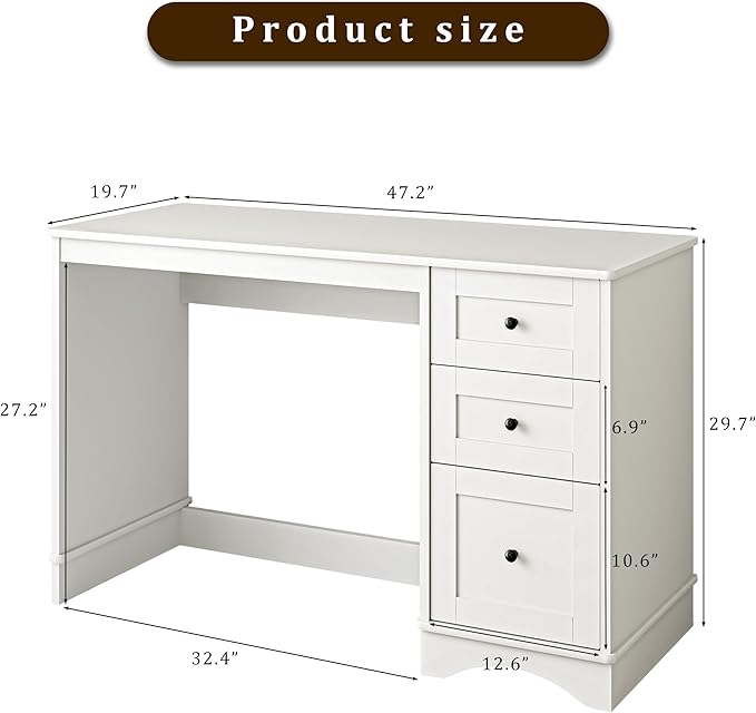 48”White Computer Desk with 3 Drawers, Modern Office Desk with Storage, Small Writing Desk for Bedroom, Living Room, Office