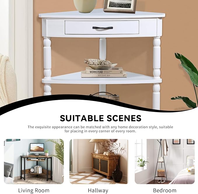 33.86" Corner Table, Wood 3 Tier Triangle Side Table Corner Shelf Stand with Solid Wood Legs 1 Drawer & 2 Storage Shelves for Living Room Small Space (Milk White)