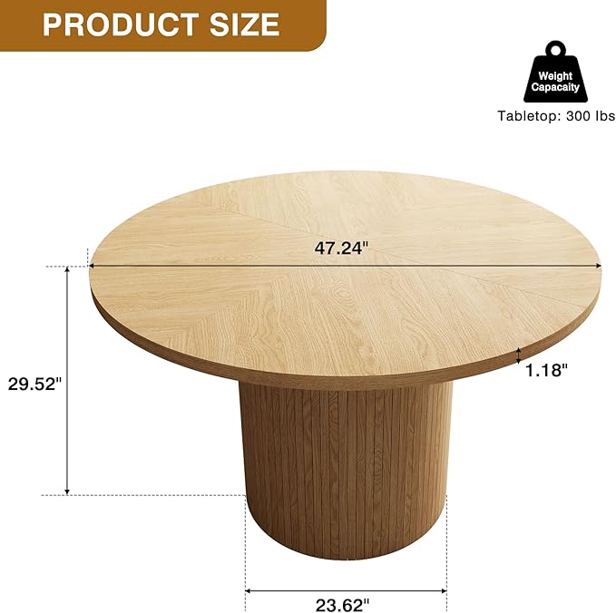 QHITTY Fluted Round Dining Table, 47-inch Wood Kitchen Table Table for 4, Farmhouse Circle Table with Strip Base for Kitchen, Living Room, Natural