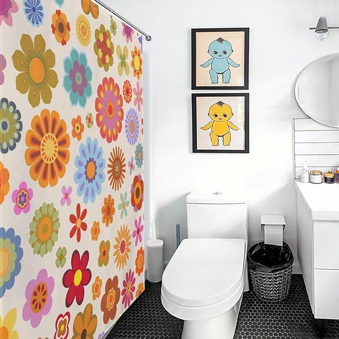 70s Shower Curtain, Vintage Retro Orange Daisy Floral Hippie Groovy Cute Flower Aesthetic Boho Funky Trippy Colorful Waterproof Fabric Bath Shower Curtain Set with Hooks, 72"x72" Inch