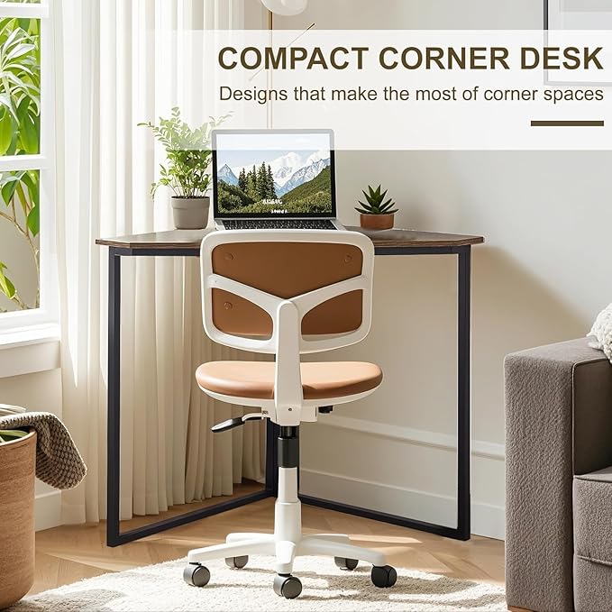 VECELO Ϲоrnеr Desk, Corner Tables for Living Room for Small Space Triangle Computer Desk with Steel Frame Ϲоrnеr Shelves with Metal Frame Ϲоrnеr Writing Desk for Workstation Retro Brown 33.1"