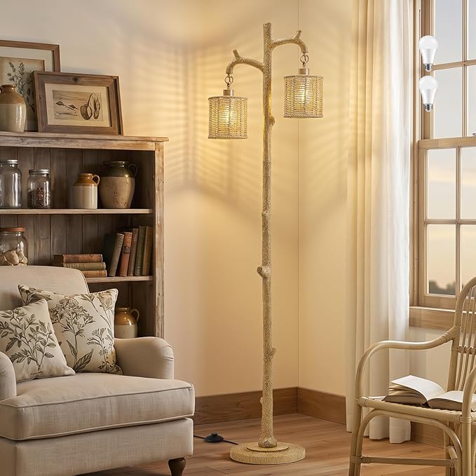 EJIAXIN Floor Lamp for Living Room - 69" Farmhouse Tree Trunk Standing Lamps - Country Resin Tall Lamp with 2 Rattan Lampshade - Rustic Floor Lamp for Bedroom Office Home Decor