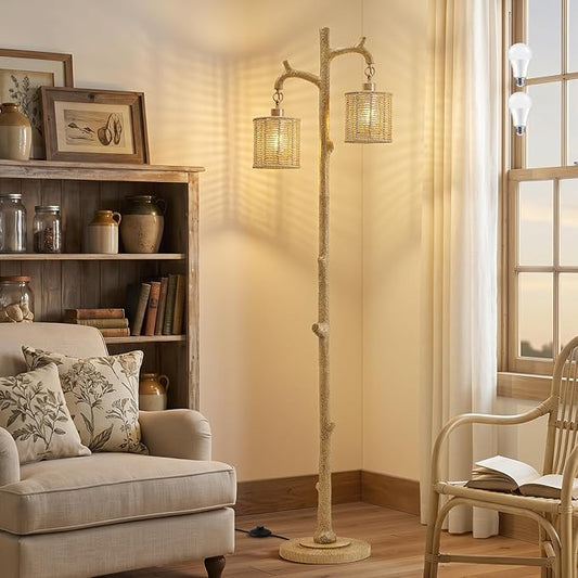 EJIAXIN Floor Lamp for Living Room - 69" Farmhouse Tree Trunk Standing Lamps - Country Resin Tall Lamp with 2 Rattan Lampshade - Rustic Floor Lamp for Bedroom Office Home Decor