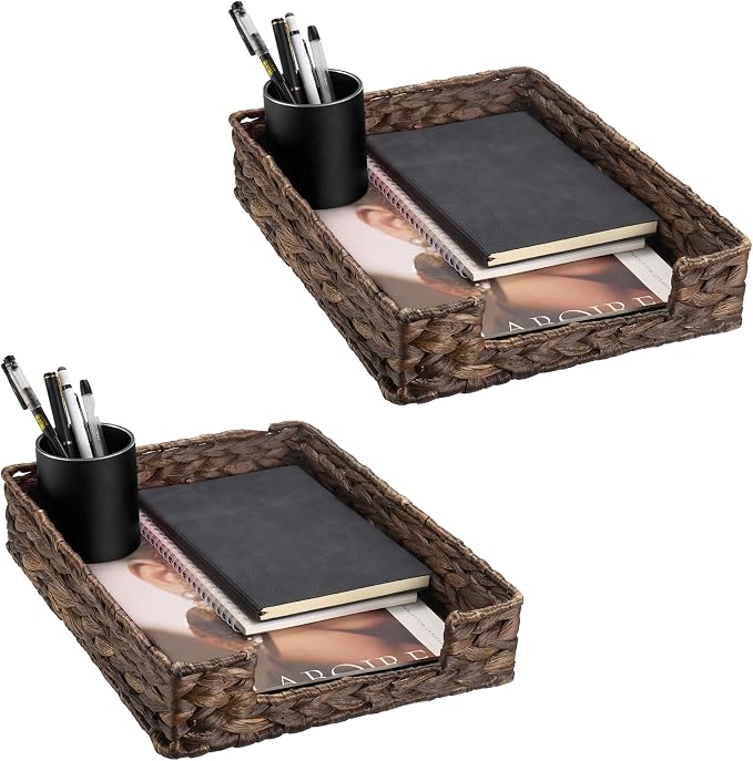 Set of 2 Water Hyacinth Letter Tray for A4 File Desk Mail Letter-Size Paper, Basket Woven Organizer, Magazine Files Storage, Office Document Organizer and Storage, Coffee