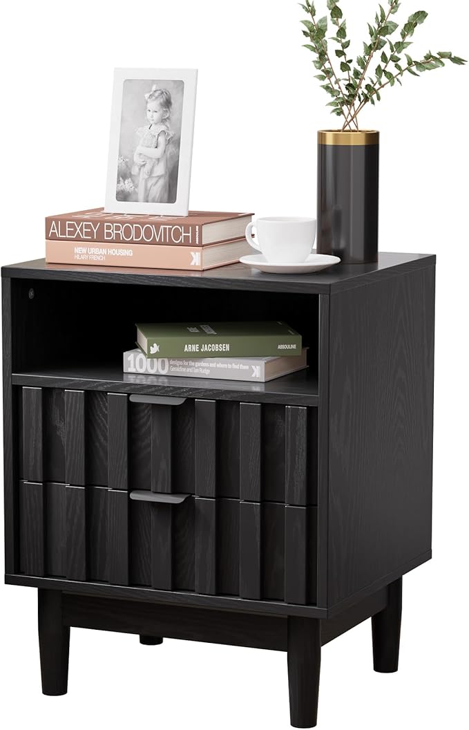 Fluted Nightstand, 19" Wide Night Stand with Solid Wood Legs, Open Storage Shelf, Mid Century Modern Wooden Bedside Table for Bedroom, Bed End Side Table, Black