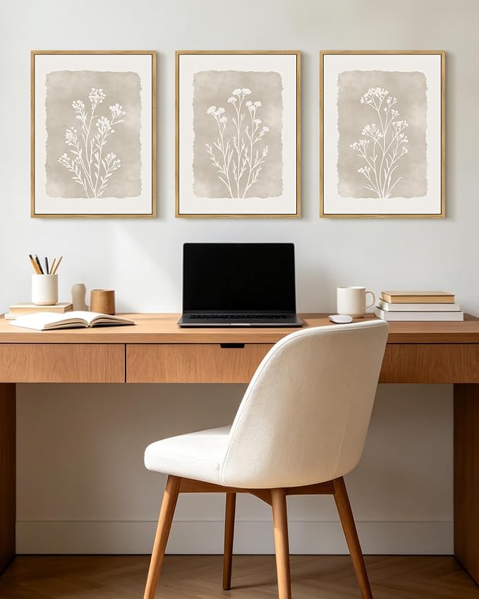KUVIOKE Boho Botanical Flower Framed Wall Art Farmhouse Vintage Floral Wall Painting Rustic Wildflower Neutral Prints for Living Room Bedroom 12x16in (Natural Framed)