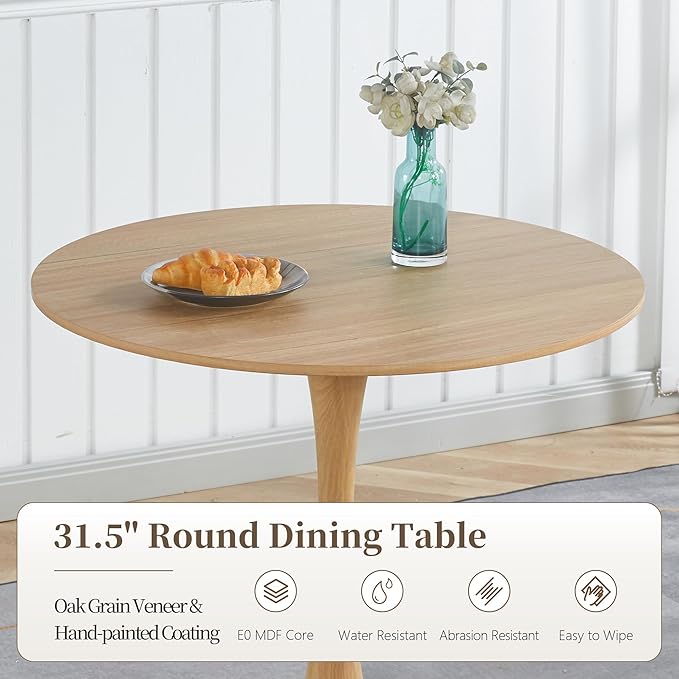 31.5 Inch Round Dining Table,Mid-Century Tulip Table with Metal Pedestal Base,Modern Leisure Table for Small Space Kitchen Dining Room,Easy Assembly,Natural