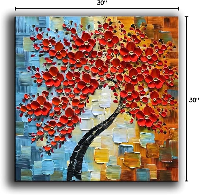 YaSheng Art - contemporary artwork handmade Oil Painting On Canvas Red Flowers Paintings Modern Home art wall decor Abstract Art picture Canvas Art Ready to hang 30x30inch