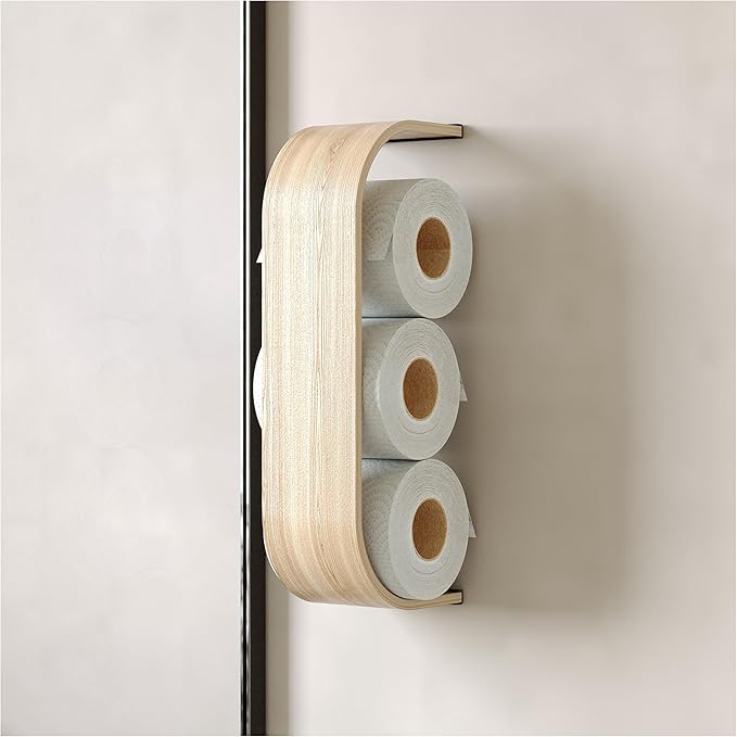 Toilet Paper Holder, Wooden Shelf, Walnut WC Roll Storage, Wall Mount Floating Rolls Rack, Unique Holders for Bathroom, TP Organizer (Ash, Thin)