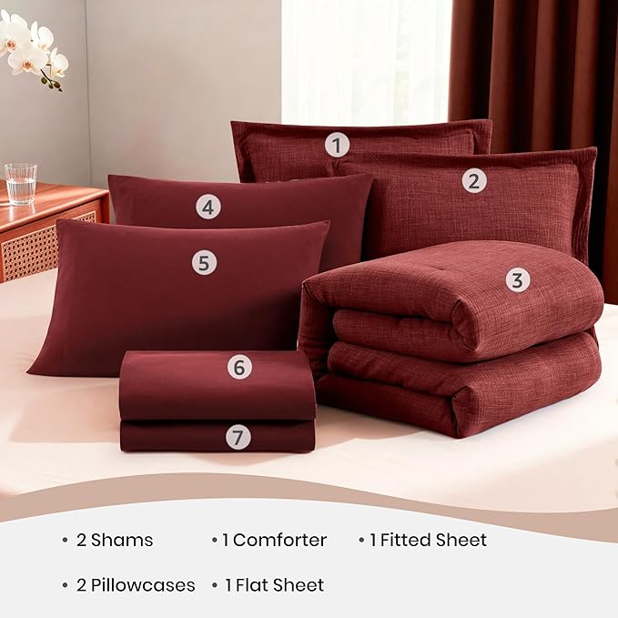 Geniospin King Comforter Set - 7 Pieces Comforter King Size, Soft Solid Bedding Set for All Season, Dark Red Textured Bed in a Bag with Sheets, Pillowcases & Shams