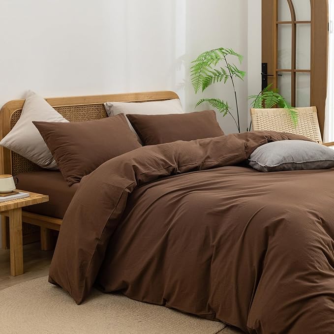 BESTOUCH Duvet Cover Set 100% Washed Cotton Linen Feel Super Soft Comfortable Chic Lightweight 3 PCs Home Bedding Set Solid Cocoa Brown King
