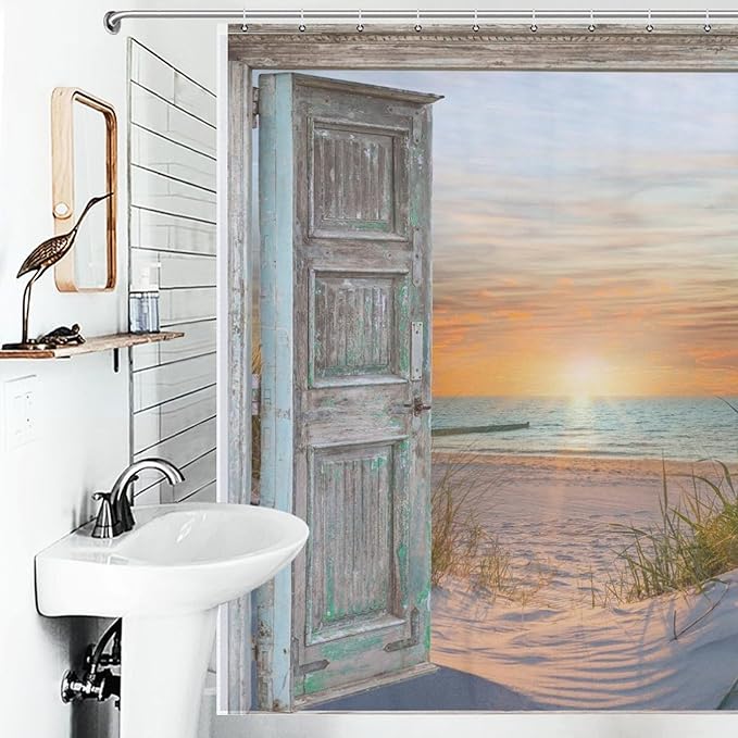 Beach Coastal Shower Curtain,Ocean Sunrise Seaside Seascape Nautical Beachy Shower Curtain,Rustic Barn Door Seashore Fabric Waterproof Bathroom Curtain with Hooks,72x84Inch