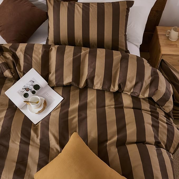 Merryword Brown Striped Duvet Cover Set Queen Size, 100% Natural Cotton Linen Like Duvet Cover Set with Zipper Closure & 8 Corner Ties, Brown Khaki Soft Reversible Bedding for All Seasons