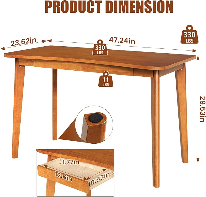 100% Solid Wood Desk with Drawers - 48 x 24 Inch Home Office Computer Desks, Modern Writing Desk with Drawers, Simple Study Table Makeup Vanity - Walnut Vintage Desks