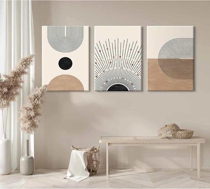 Mid Century Modern Wall Art Set of 3 Neutral Boho Art Prints Abstract Geometric Wall Art Picture Black Beige Terracotta Minimalist Painting Canvas Artwork for Living Room Bedroom 16x24 Inch Wrapped Canvas