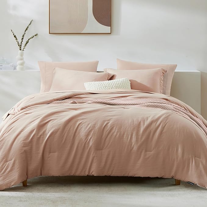 WRENSONGE Queen Comforter Set - 7 Pieces Clay Pink Soft Bed in a Bag Queen with Fitted Sheet, Flat Sheet, 2 Pillow Shams, and 2 Pillowcases- Warm Bedding Sets for All Season