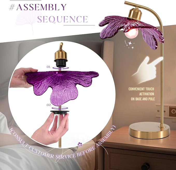 Touch Control Table Lamp, Mid Century Modern Gold Nightstand Lamp, 18.9-inch Vintage Purple Glass Table Light for Bedroom, Living Room, Farmhouse End Table, Set of 2