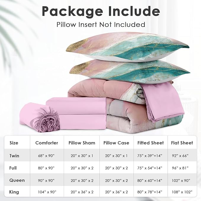 7Pcs Comforter Set Full Size, Pink Teal Gold Marble, Bedding Decor Turquoise Rose Dye Abstract Bedroom Bed Set Flat Sheet Fitted Sheet Pillowcases Shams for Kids Adults