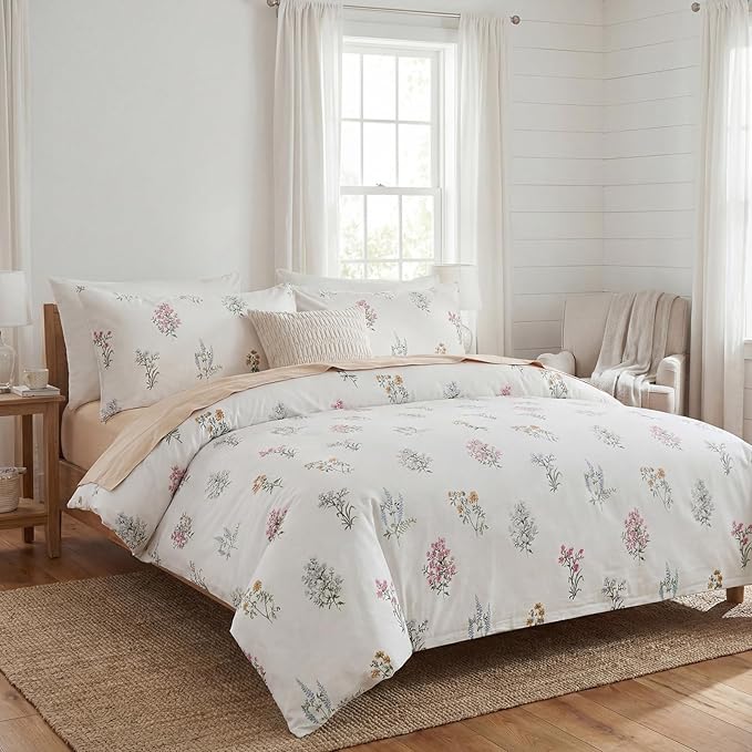 100% Washed Cotton Duvet Cover King Size - Linen Like Reversible Durable Soft Floral Duvet Cover Sets, 3 Pieces White Comforter Cover with Zipper Closure