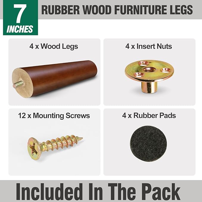 FoDau770 Brown Rubber Wood Furniture Legs 7 Inches, Slant Tapered Wood Feet Mid Century Sofa Legs Set of 4, 5/16" UNC Furniture Feet Replacement Parts for Cabinet Couch Dresser Chair Ottoman Table