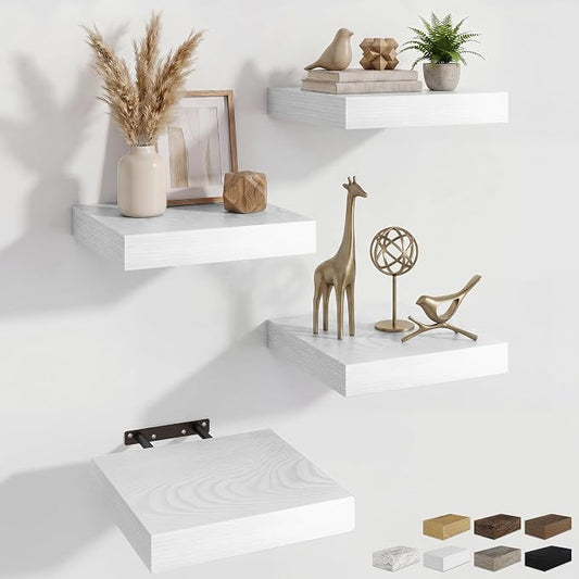 RICHFOCUS 8 Inch Floating Shelves for Wall Small Square Shelves Set for Bedroom|Kitchen|Bathroom|Laundry Room Rustic Wood Wall Mounted Shelf with Invisible Brackets for Books|Storage|Decor, White