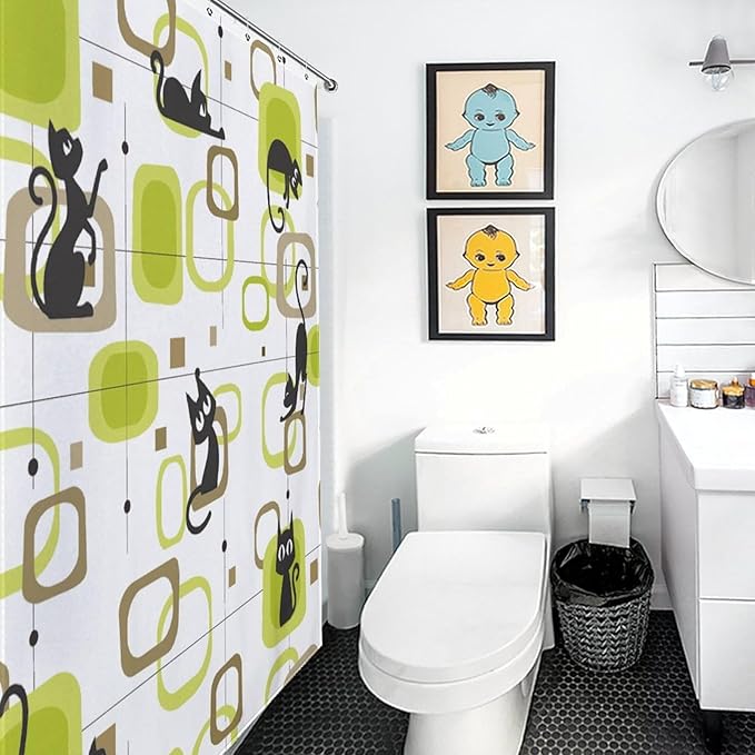 Mid Century Modern Shower Curtain for Bathroom, Vintage Abstract Geometric Green Black Cat Atomic Kittey Retro 1950s 1960s Waterproof Fabric Shower Curtain Set with Hooks, 72"x72"