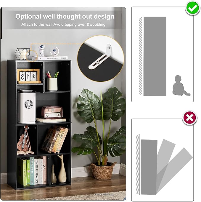 VECELO 42 Inch High Bookcase, 4-Tier Modern Storage Cabinet with Height Difference Shelves for Standard Textbooks, Floor Standing, 7 Cubes, Horizontal Available, Easy Assembly, Vintage Black