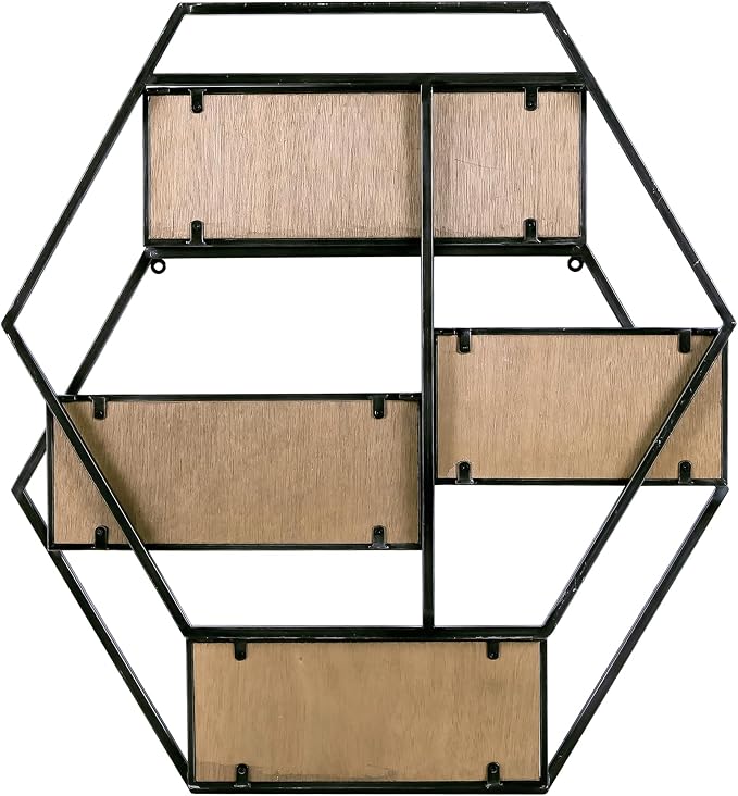 Industrial Style Hexagon-Shaped Wall Shelves, 3 Tier Decorative Floating Ledge Shelves, Wall Mounted Metal Bracket Wooden Display Hanging Shelf