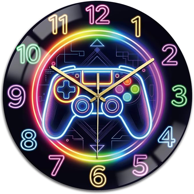 peacoblue Wall Clocks Battery Operated 12 Inch Game Consoles Glass Round Wall Clock Non Ticking for Kitchen Living Room Dining Room Bedroom and Bathroom Decor Accessories (Battery not Included)