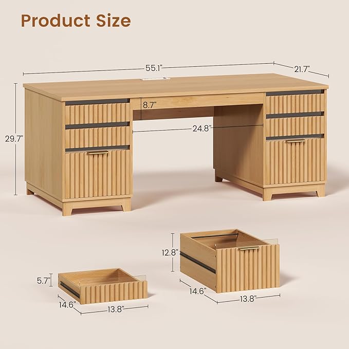 SEDETA 55.1" Fluted Office Desk with 6 Drawers, Modern Executive Desk with Acrylic File Drawers, Computer Desk with Power outlets for Home Office and Study, Natural