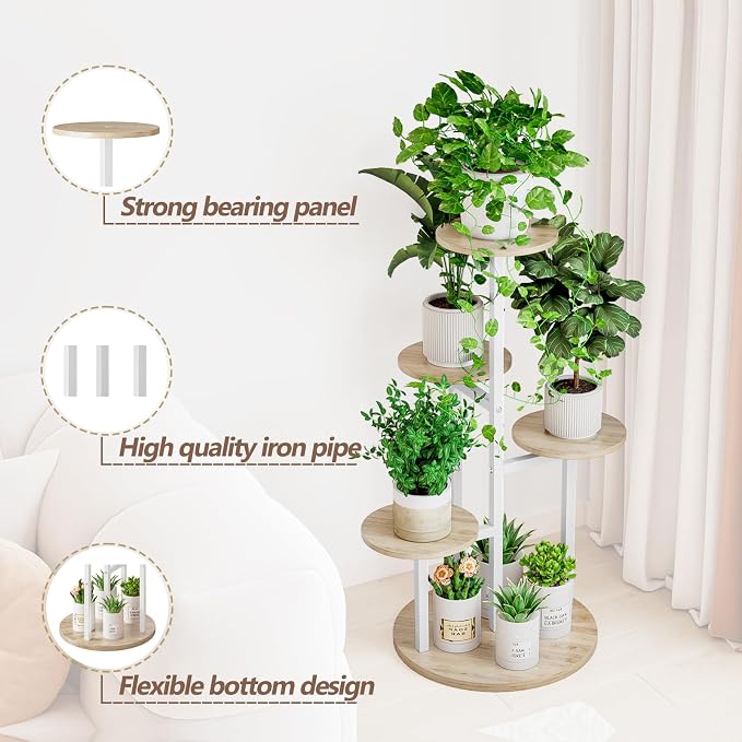 INGIORDAR Plant Stand Indoor Outdoor Corner Plant Shelf for Multiple Flower Pots Flower Stand Holder for Patio Garden Balcony Living Room (White+Sonoma Oak, 5 Tier)