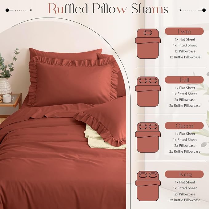 Horbaunal Terracotta Ruffle Sheets Twin Size 4 Piece, Fits 16" Deep Mattress, Microfiber Rust Twin Sheets with 1 Ruffled Pillowcases, Shabby Chic Bed Sheet Set