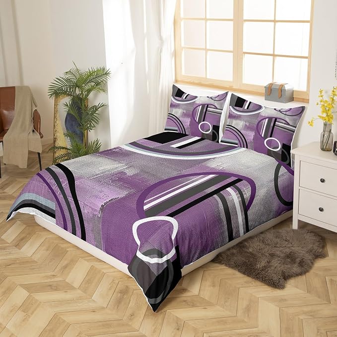 Purple Black Gray Duvet Cover Twin Size,Grunge Oil Painting Comforter Cover,Circles Bedding Set,Elegant Geometric Quilt Cover,Abstract Purple Artwork Bedspread Cover with Zipper& Ties