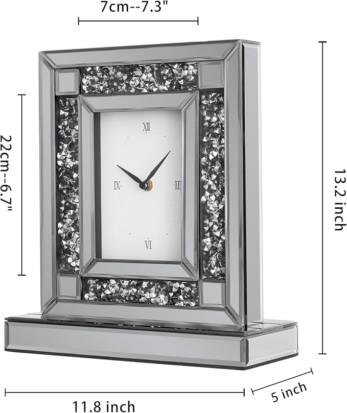 SHYFOY Luxury Crystal-Embedded Mirrored Table Clock, Elegant Decorative Clock with Roman Numerals for Home & Office, Silver Glam Desk Clock Home Decor